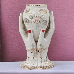 Vintage Ceramic Vase, Woman's Hands, Pink Roses, Gold Accents